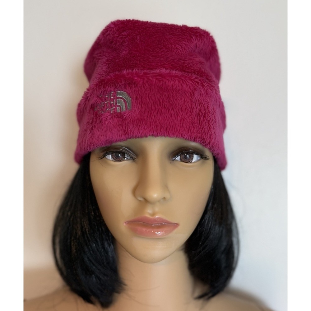 The North Face Girls Denali Thermal Beanie Hat Sz M Pink White Furry Winter